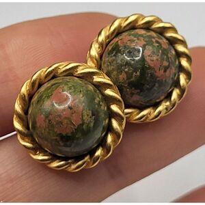 Jasper Gemstone Gold Rope 80s Stud Earrings Signed Carolee 0.6in